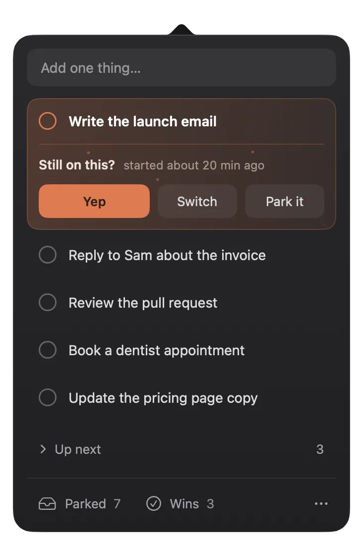 The check-in card on the current task, asking Still on this? with Yep, Switch and Park it buttons
