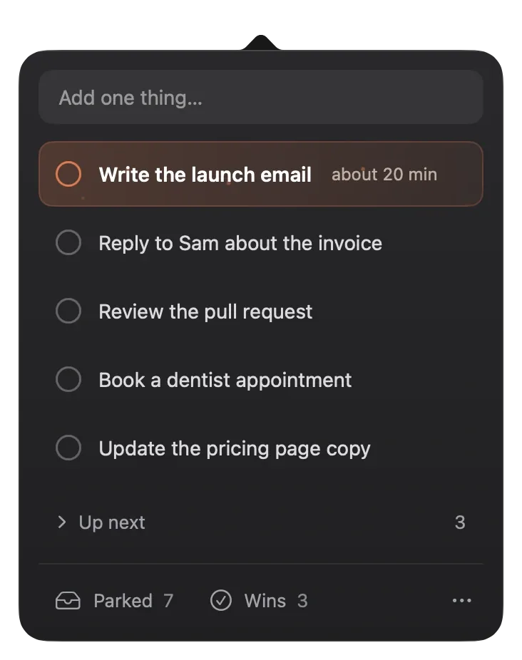 The Solodo popover open under the menu bar with a short list of tasks