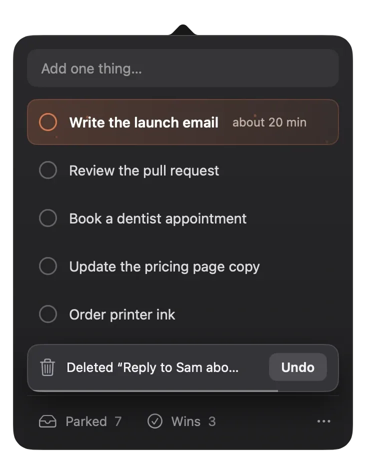 The undo toast after deleting a task, with an Undo button